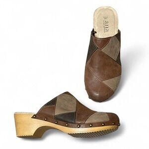 brown faux leather patchwork clogs with faux wooden heel